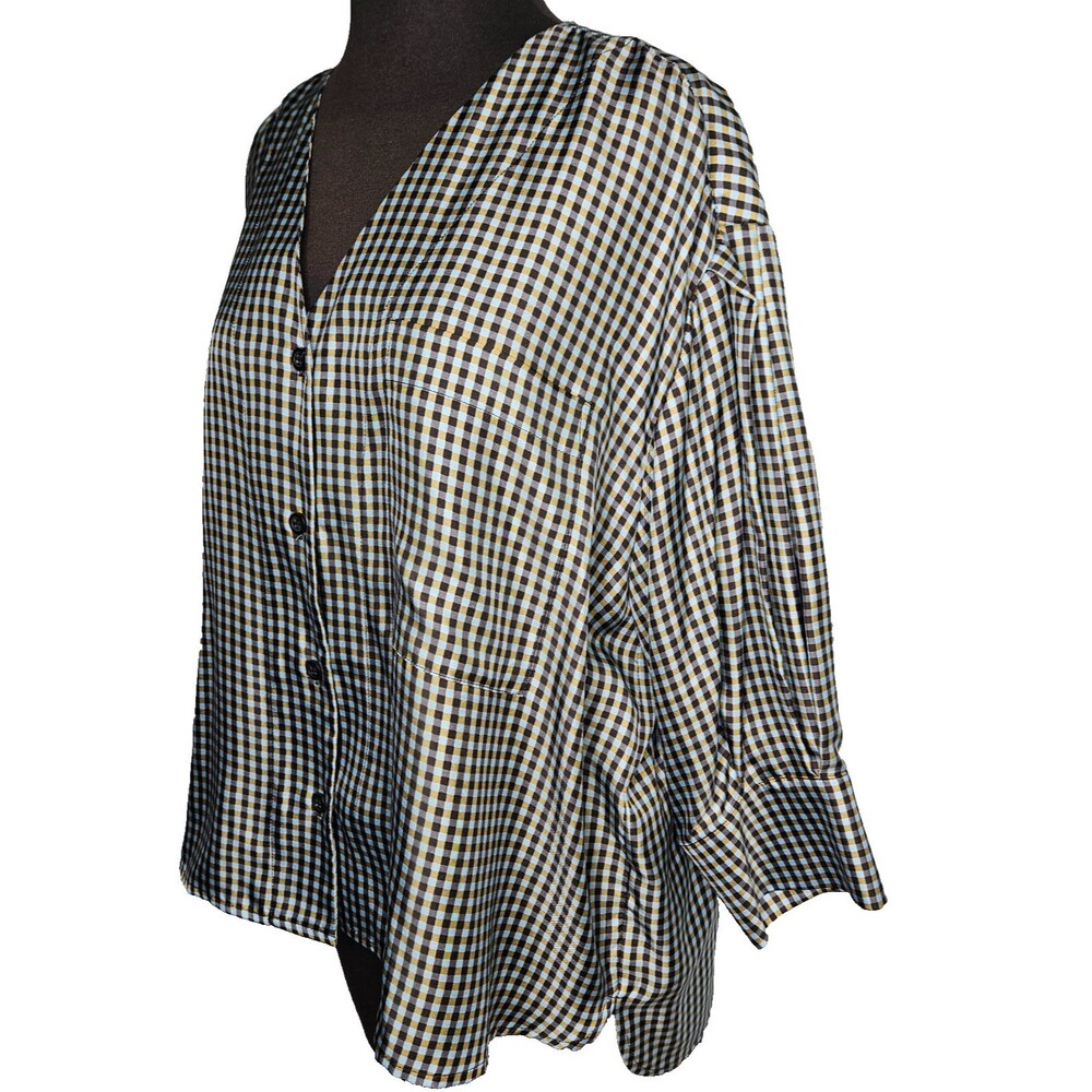 No. 6 Store 100% Silk Turin Top Blouse Large Gingham Check 3/4 Sleeve Button Up - Picture 4 of 9